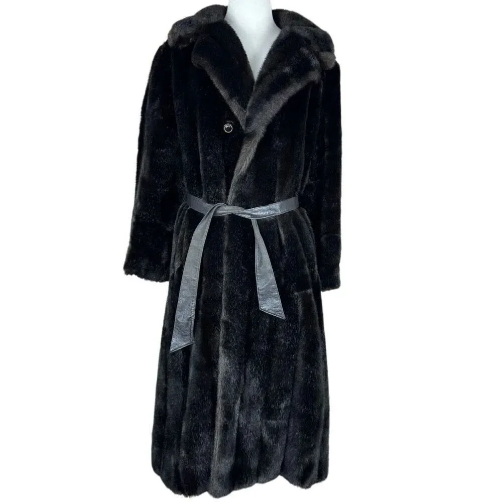 Vintage 70s Diamonte Faux Fur Coat Black Brown Mob Wife Size Medium Classic - Picture 9 of 10